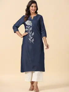 SAVI Floral Embroidered Thread Work Denim Kurta