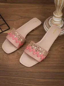 Anouk Peach-Coloured Ethnic Embroidered Open Toe Flats