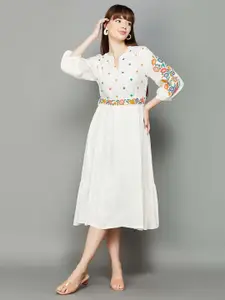 Colour Me by Melange Floral Embroidered Puff Sleeves Belted A-Line Dress