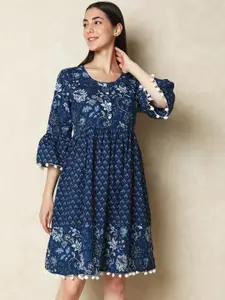Indifusion Floral Printed Bell Sleeves A-Line Cotton Ethnic Dress