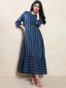 Indifusion Striped V-Neck A-Line Maxi Dress With Belt