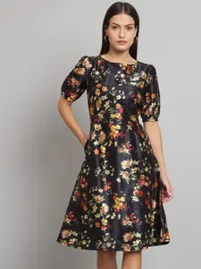 PowerSutra Floral Printed Puff Sleeves Silk Fit & Flare Dress