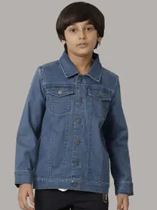 UNDER FOURTEEN ONLY Boys Typography Printed Spread Collar Denim Jacket