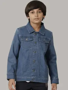 UNDER FOURTEEN ONLY Boys Typography Printed Spread Collar Denim Jacket