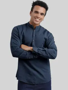 IVOC Men Navy Blue Slim Fit Cotton Linen Kurta