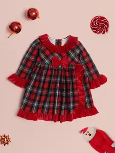 Nauti Nati Girls Checked Cotton Bell Sleeves A-Line Dress With Bow Detail