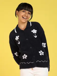 Natilene Girls Floral Self Design Acrylic Cardigan Sweater