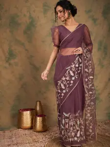 Sangria Floral Embroidered Net Sarees