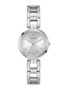 GUESS Printed Dial & Silver Toned Stainless Steel Bracelet Style Straps Digital Watch