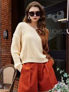 StyleCast Brown Colourblocked V-Neck Long Sleeves Acrylic Pullover Sweater