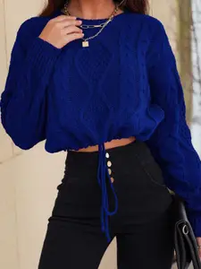 StyleCast Blue Cable Knit Self Design Crop Pullover