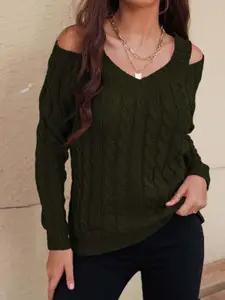 StyleCast Green Cable Knit V-Neck Long Sleeves Acrylic Pullover Sweater