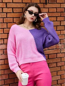 StyleCast Pink & Purple Colourblocked Acrylic Pullover Sweater