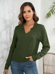 StyleCast Green Self Design Cable Knit Shirt Collar Acrylic Pullover Sweater