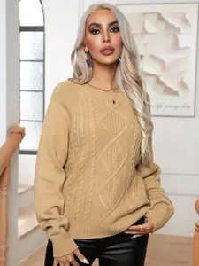 StyleCast Khaki Cable Knit Self Design Round Neck Pullover