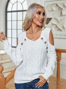 StyleCast White Cable Knit Self Design Cold Shoulder Sleeves Pullover