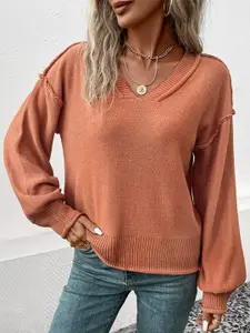 StyleCast Orange V-Neck Acrylic Pullover Sweater