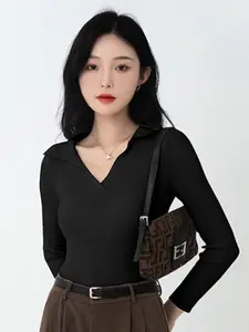 StyleCast Black Shirt Collar Pullover Acrylic Sweater