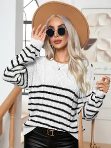 StyleCast White Striped Round Neck Long Sleeves Button Detail Acrylic Pullover Sweater