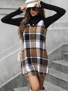 StyleCast Brown Checked Shoulder Straps A-Line Dress