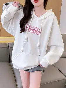 StyleCast White Typography Printed Hooded Longline Cotton Pullover Sweatshirt