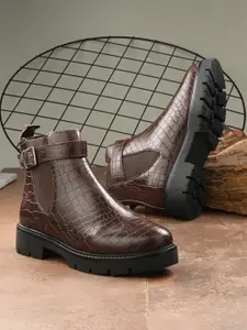 The Roadster Lifestyle Co. Women Brown Textured Mid-Top Blocked Boots