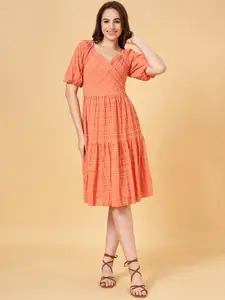 Honey by Pantaloons Self Design Puff Sleeves Smocked Tie-Up Detail Gathered Wrap Dress