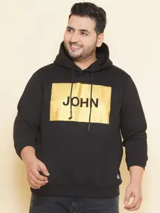 John Pride Plus Size Typography Printed Hooded Neck Fleece Pullover Sweatshirt