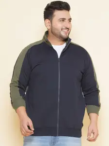 John Pride Plus Size Colourblocked Mock Collar Fleece Front Open Sweatshirt