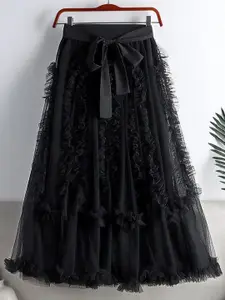 StyleCast Black Lace Frills Bows and Ruffles Layered Flared Maxi Skirt