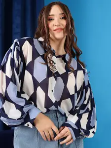 CURVY STREET Plus Size Blue Comfort Geometric Printed Oversized Casual Shirt