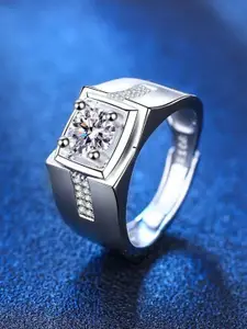 MYKI Men Silver Plated Stainless Steel Splendid CZ-Studded Adjustable Band Finger Ring