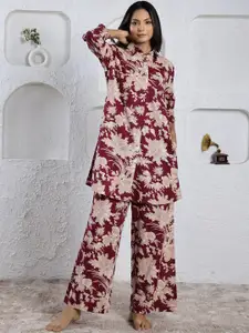 SANSKRUTIHOMES Shirt Collar Floral Printed Pure Cotton Night suit