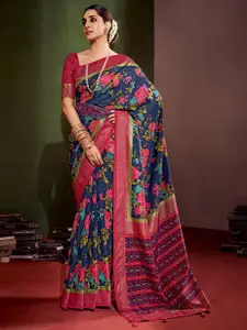 Saree mall Navy Blue & Pink Floral Printed Zari Bagh Saree