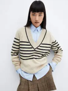 MANGO V-Neck Striped Longline Pullover