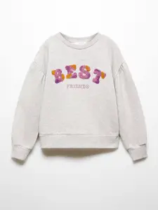 Mango Kids Girls Typography Printed Pure Cotton Sweatshirt with Embroidered Detail