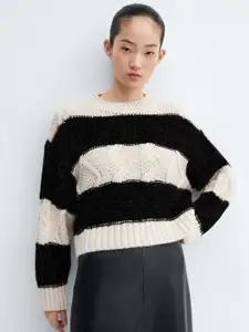 MANGO Striped Fuzzy Detailed Drop-Shoulder Sleeves Cable Knit Pullover