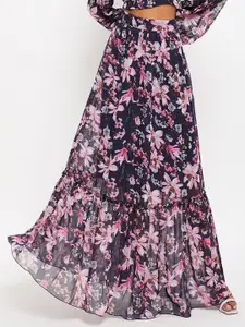 Bitterlime Floral Printed Flared Maxi Skirt