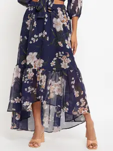 Bitterlime Floral Printed Tie-Up Maxi Flared Skirt