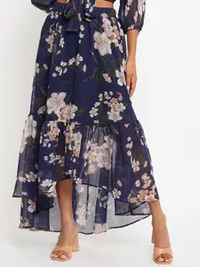 Bitterlime Floral Printed Tie-Up Maxi Flared Skirt