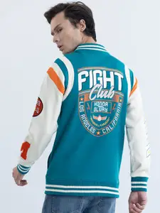 Snitch Blue Geometric Printed Long Sleeves Pure Cotton Varsity Jacket