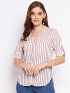 BAESD Vertical Striped Mandarin Collar Roll-Up Sleeves High-Low Georgette Shirt Style Top