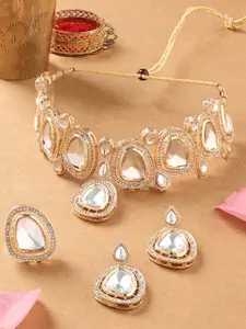 Zaveri Pearls Gold-Plated America Diamond-Studded Necklace With Earrings & Finger Ring