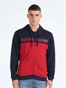 Flying Machine Colourblocked Hooded Pure Cotton Front-Open Sweatshirt
