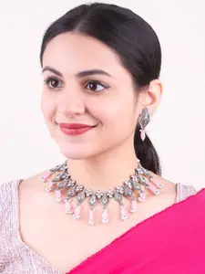 GRIIHAM Silver-Plated Beads Beaded Oxidized Necklace With Earrings