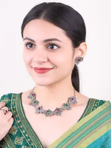 GRIIHAM Silver-Plated Stone-Studded Oxidised Necklace With Earrings
