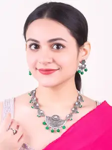 GRIIHAM Silver-Plated Beads Beaded Oxidised Necklace With Earrings