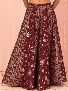 Indya Floral Foil Printed Silk Flared Maxi Skirt