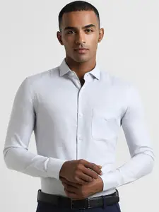 Peter England Elite Slim Fit Textured Self Design Spread Collar Cotton Formal Shirt