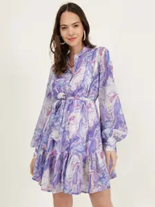 DRIRO Floral Printed Mandarin Collar Puff Sleeve Belt Detail Fit & Flare Dress